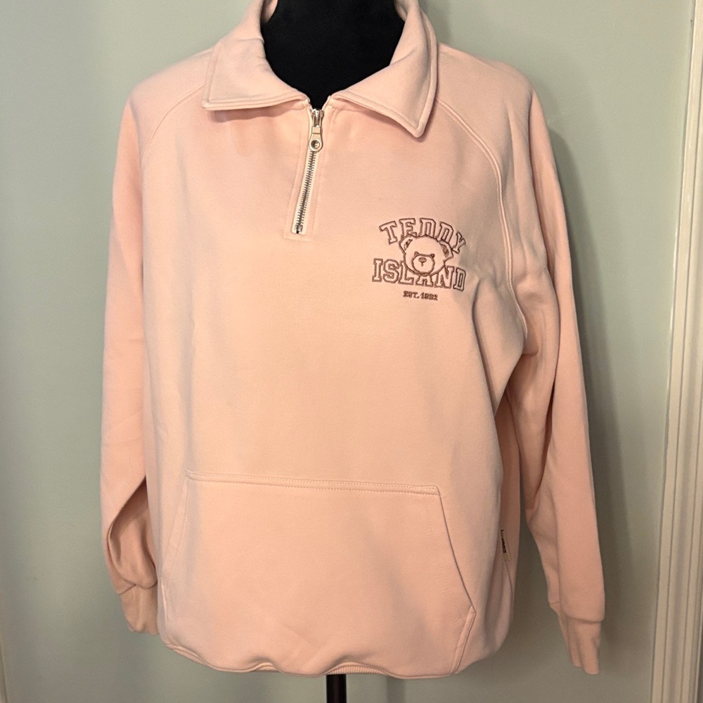 Teddy Island Pink Collared Zip Pullover Sweatshirt